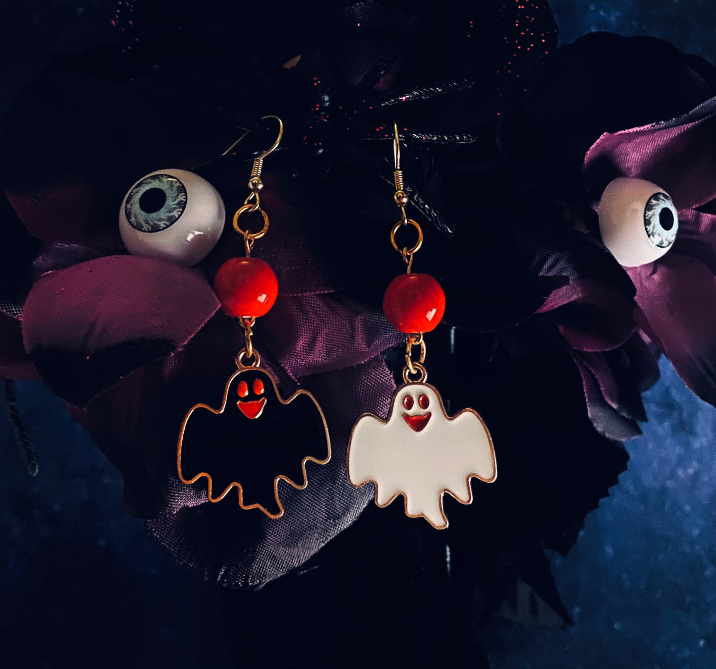 Black white and red ghost earrings