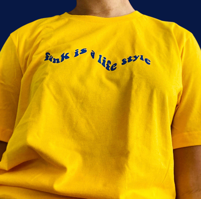 “Funk is a life style” Navy on yellow t-shirt