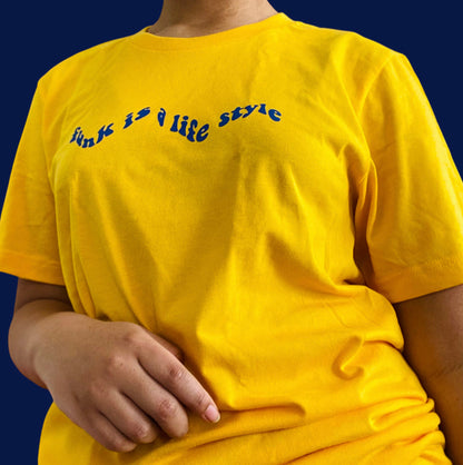 “Funk is a life style” Navy on yellow t-shirt