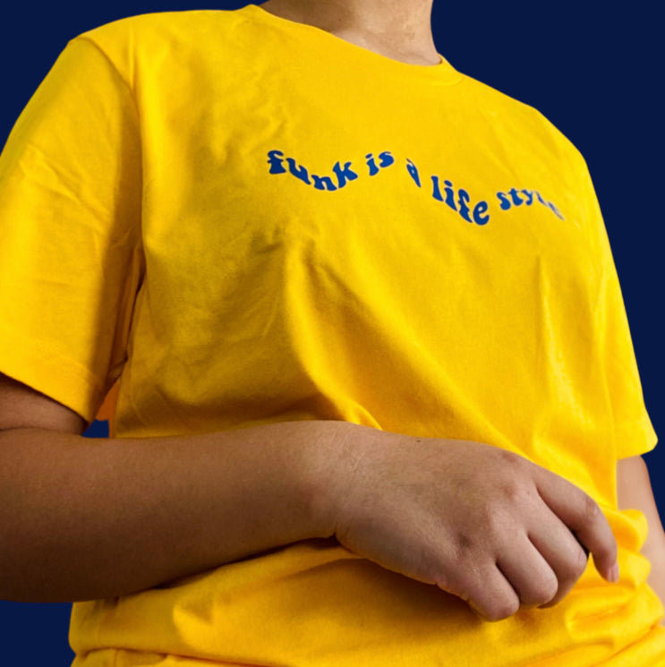 “Funk is a life style” Navy on yellow t-shirt