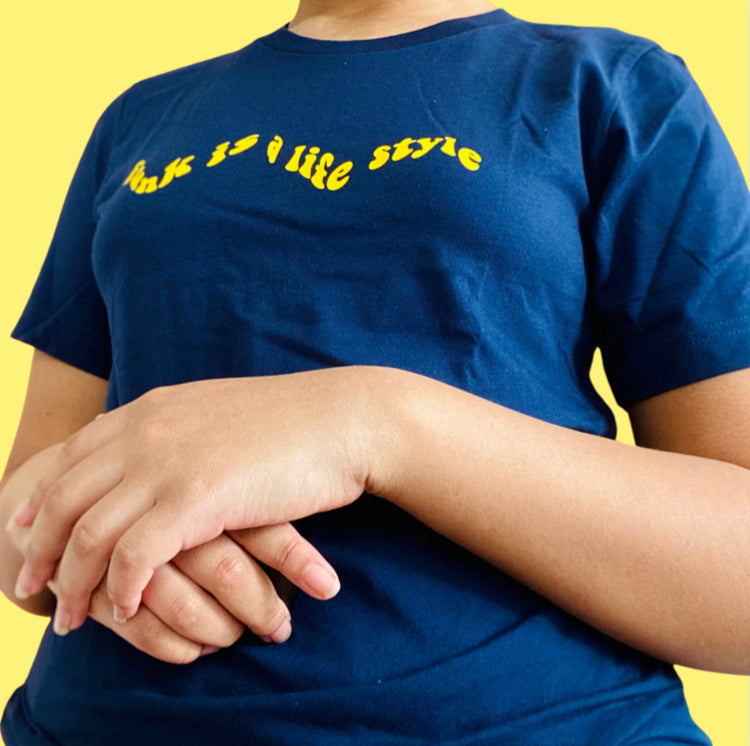 “Funk is a life style” yellow on navy t-shirt