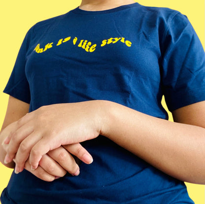 “Funk is a life style” yellow on navy t-shirt