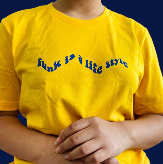 “Funk is a life style” Navy on yellow t-shirt