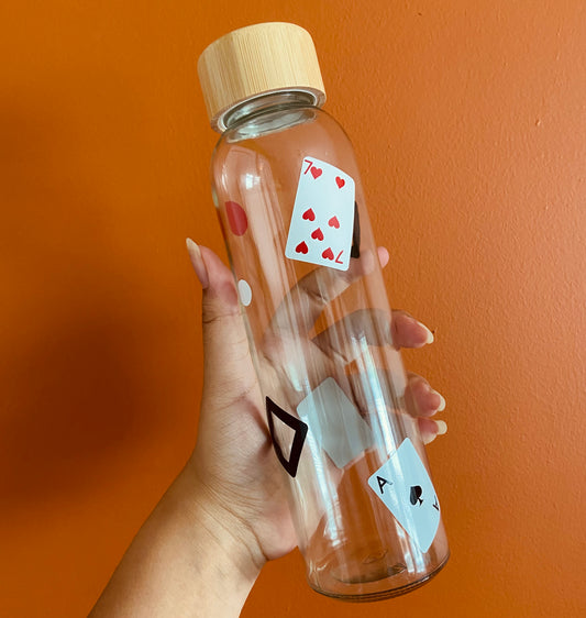 Playing card glass water bottle