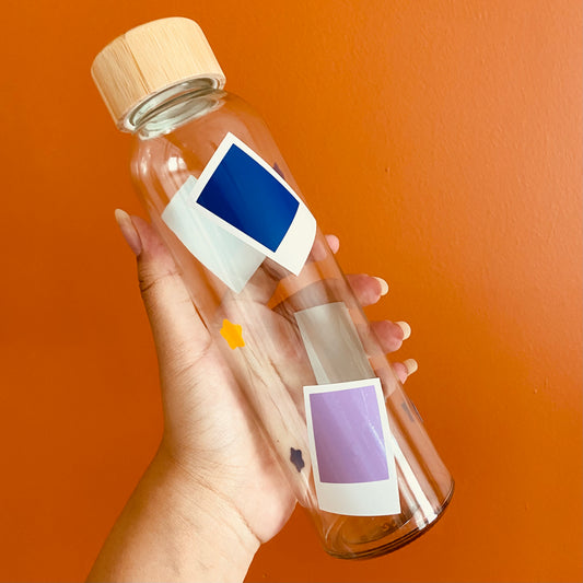 Polaroid photo glass water bottle