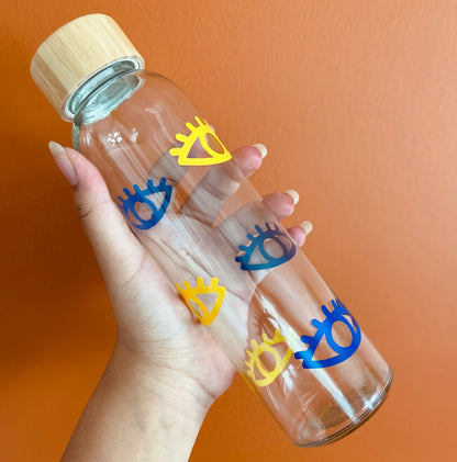 Navy and yellow eye glass water bottle